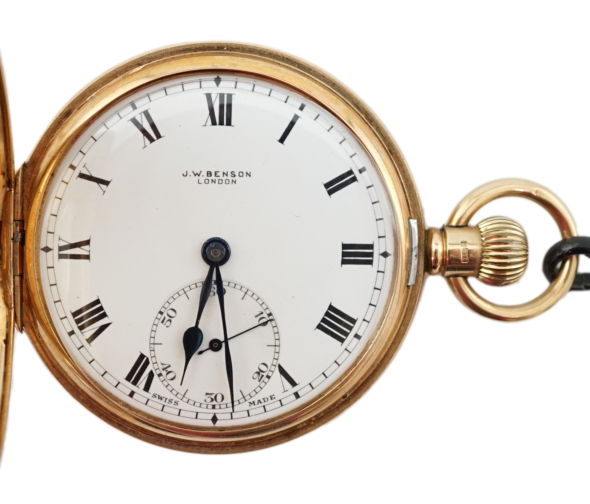 A George V 9ct gold J.W. Benson keyless lever half hunter pocket watch